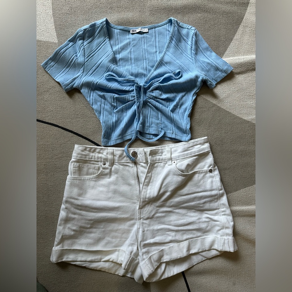 Blue Ribbed Tie-Front Top and White Shorts Set